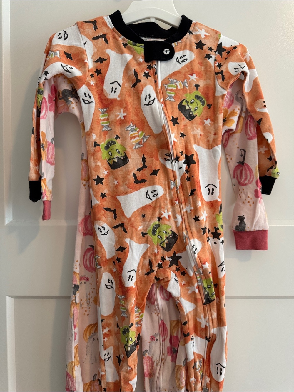 Two Halloween Ghost & Frankenstein Kids One-Piece Footie Pajamas - Orange